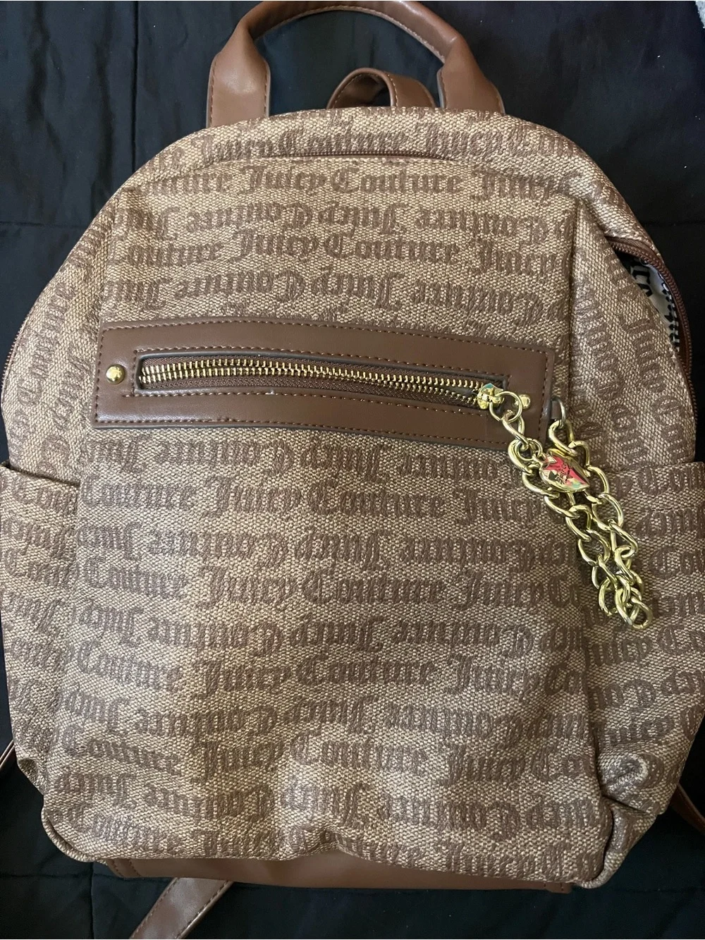 Juicy Couture Brown Monogram Backpack with Gold Chain Accent